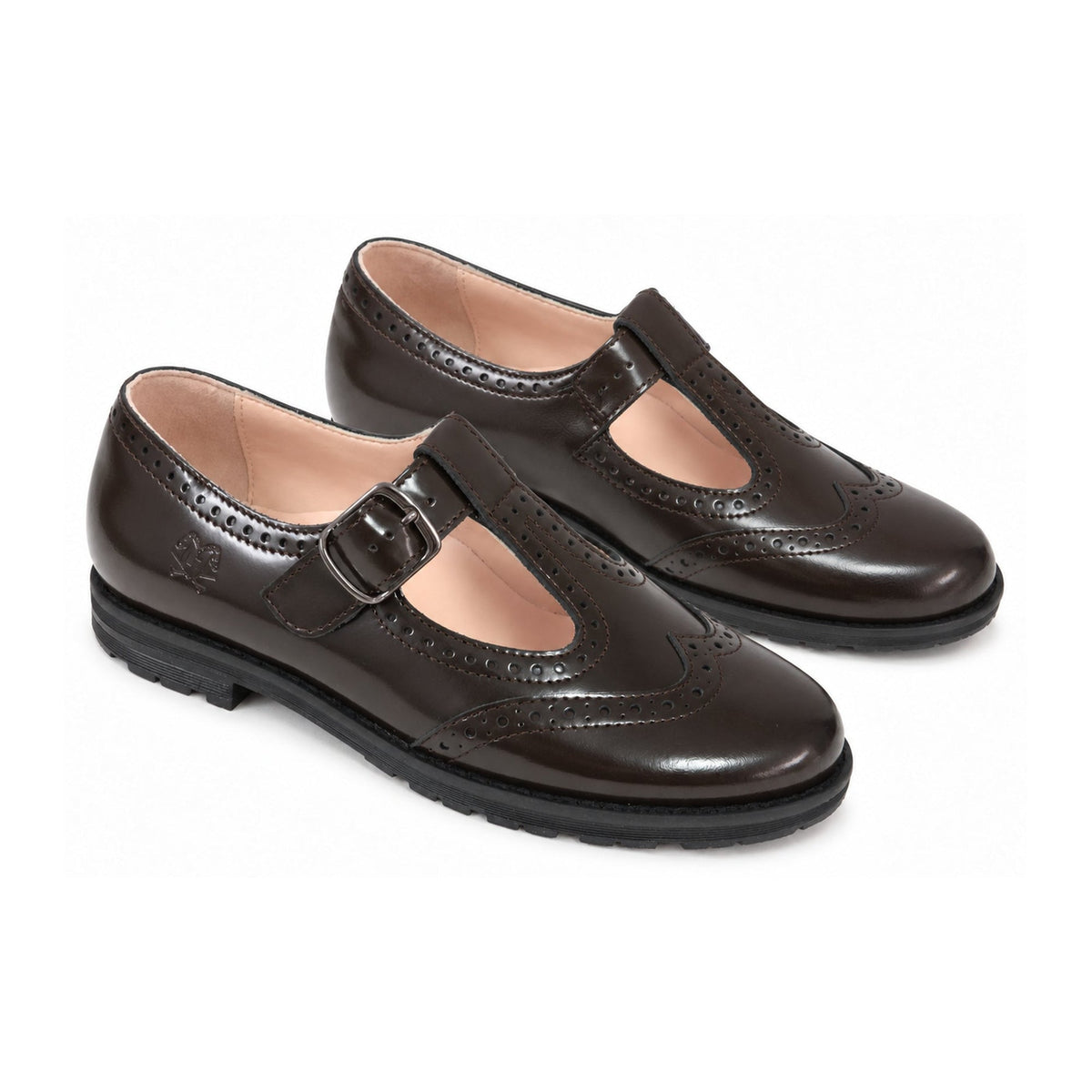 Girls T-Strap School Shoe in Brown Polished Leather